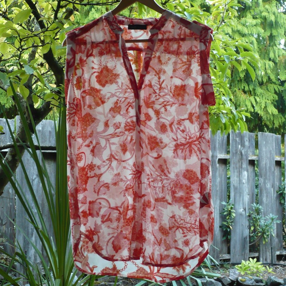 Mandy Evans Poppy White Sheer Blouse Red Botanical Drawing Print L Boho Lightwei
